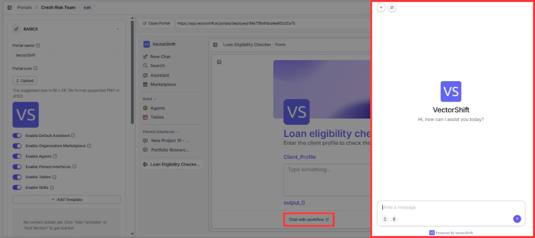Form with Chat with workflow button and chat panel open showing conversational interface
