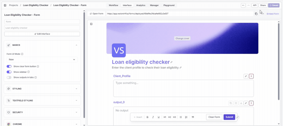 Form editor with API button highlighted and API reference panel visible