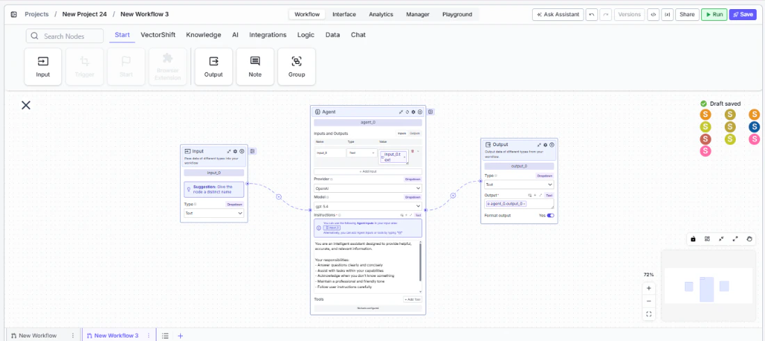 Agent node connected to upstream and downstream nodes on the canvas