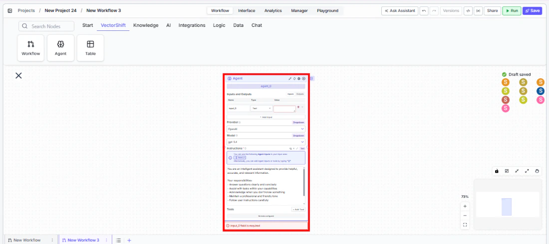 Node palette showing the VectorShift category with Agent node being dragged onto the canvas