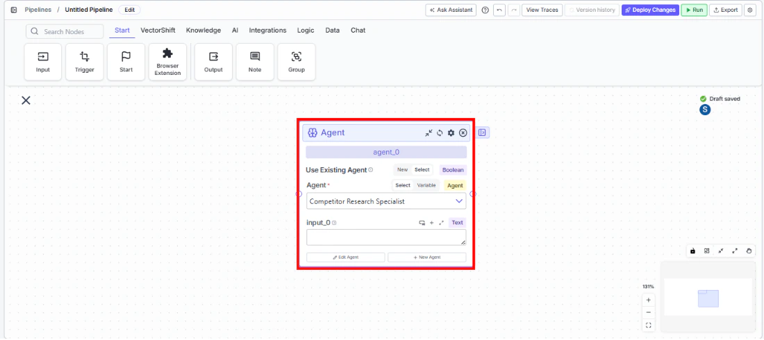 Node palette showing the Agent (Select) node being dragged onto the canvas
