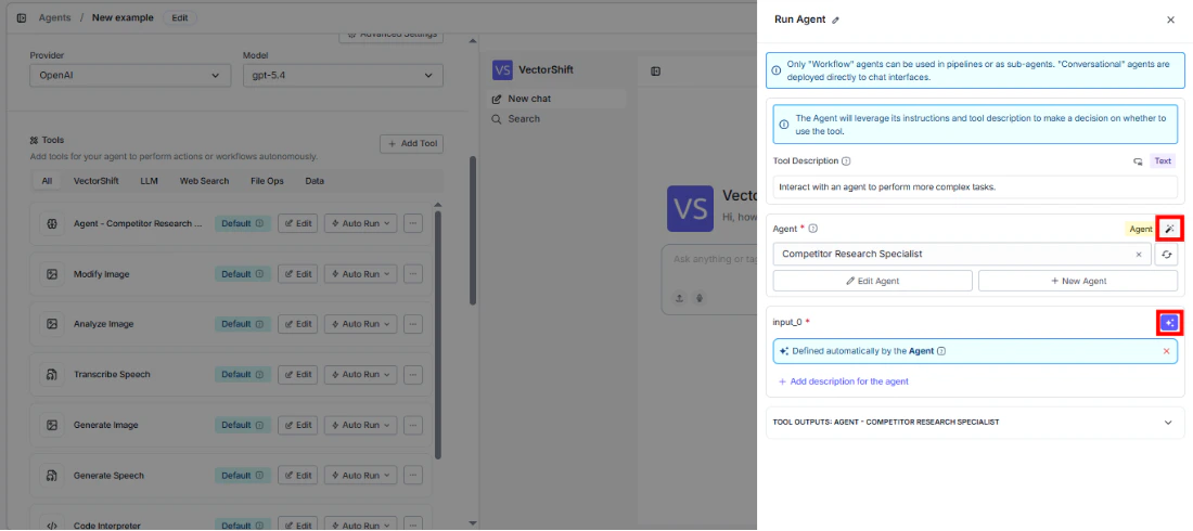Run Agent tool configuration with Agent field set to static mode, showing agent selection dropdown