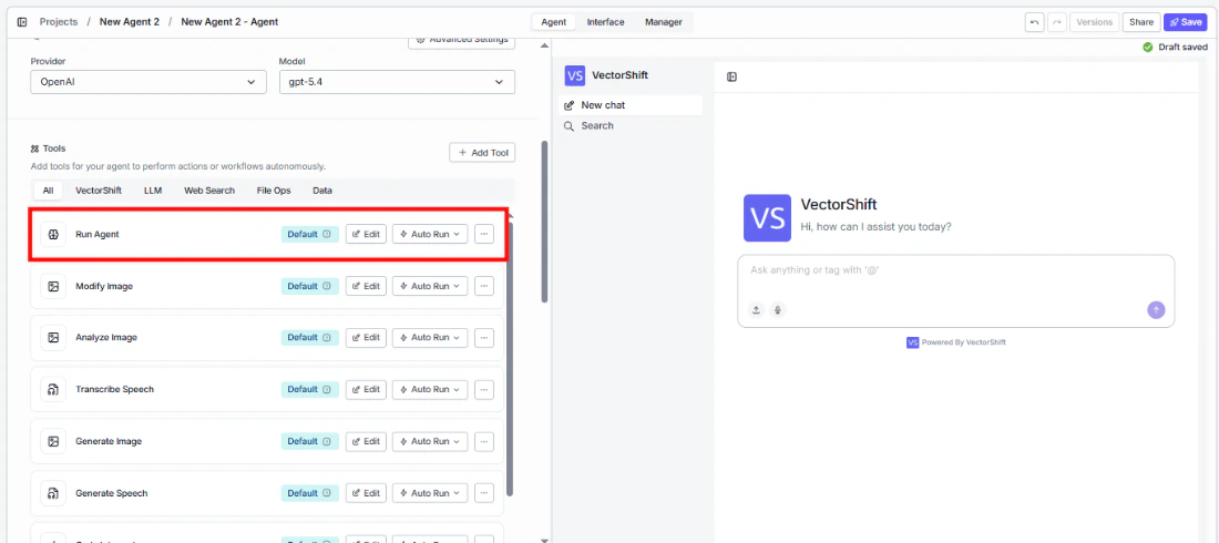 Agent tool panel showing the VectorShift category with Run Agent tool highlighted