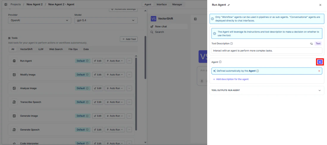 Run Agent tool configuration panel showing Agent field with sparkle icon to toggle between dynamic and static values
