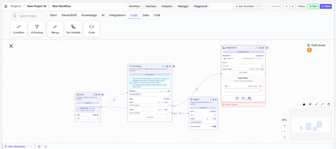 AI Routing node on canvas with paths connected to downstream node branches