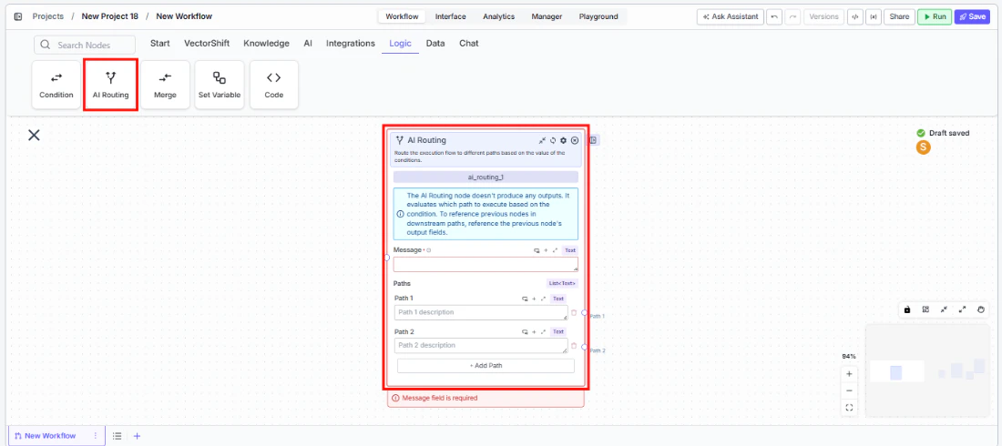 Workflow node palette showing the Logic tab with AI Routing highlighted