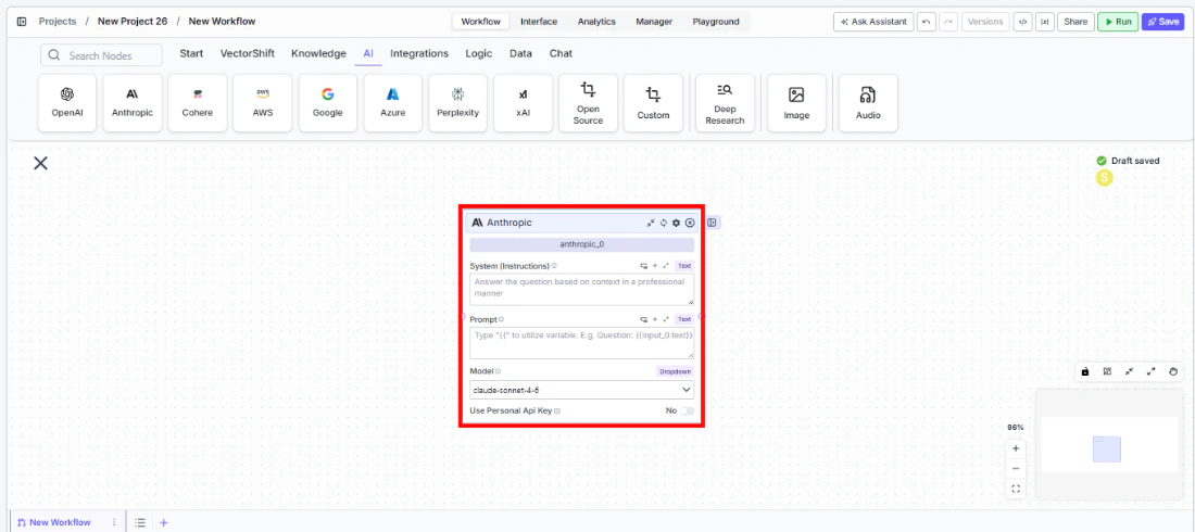 Anthropic node being dragged onto the canvas from the AI category