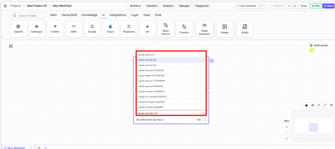 Anthropic node showing the Model dropdown with available Claude models