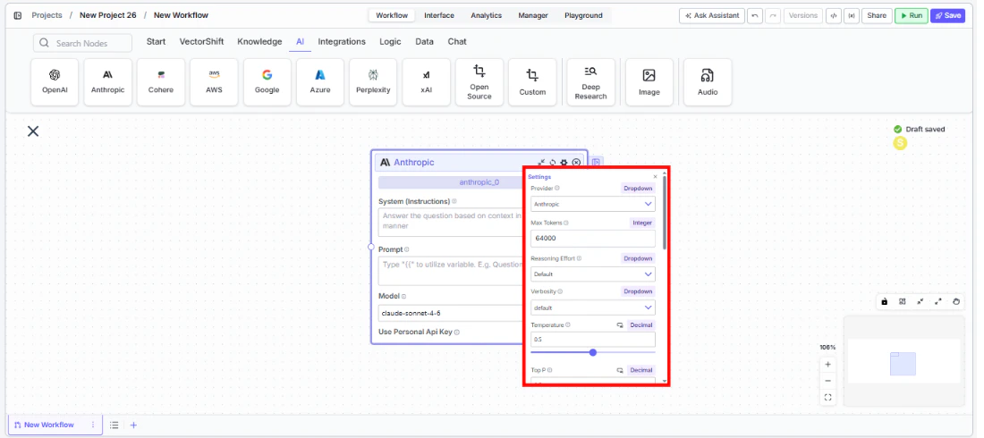 Anthropic node settings panel