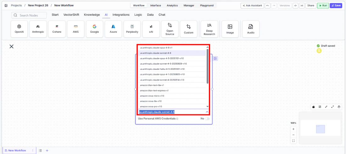 AWS Bedrock node showing the Model dropdown