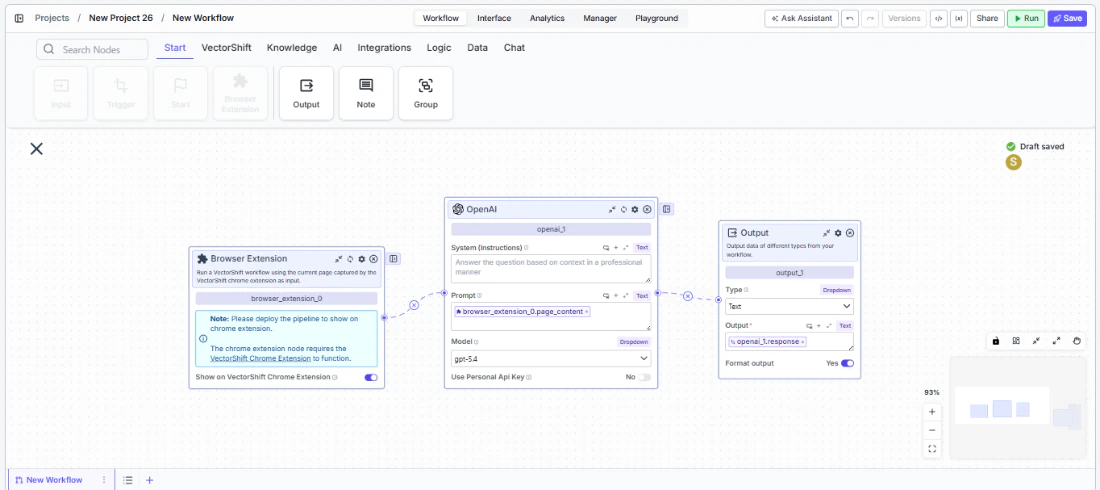 Browser Extension node connected to downstream nodes on the canvas