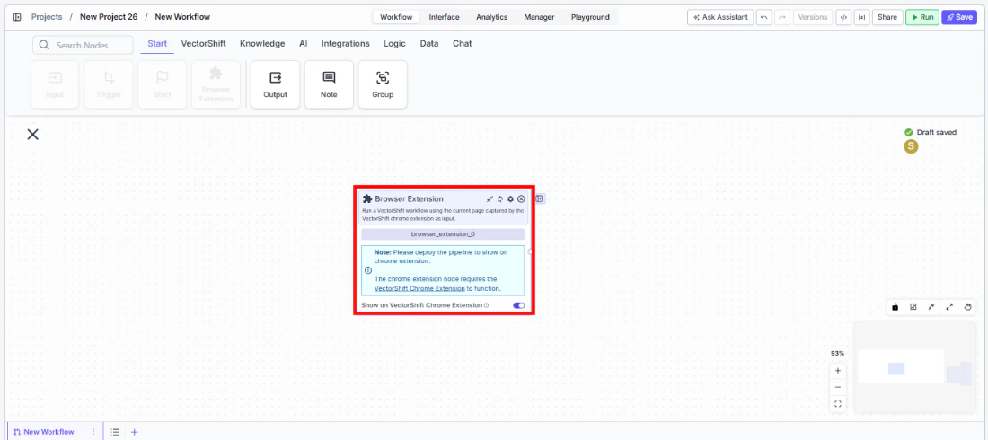 Browser Extension node being dragged onto the canvas from the Start tab