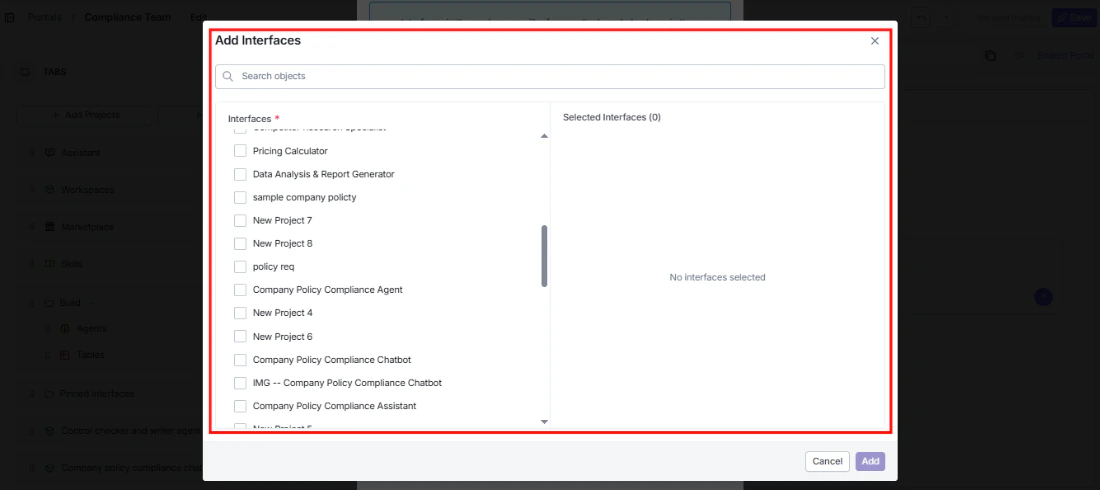 Add Interfaces modal