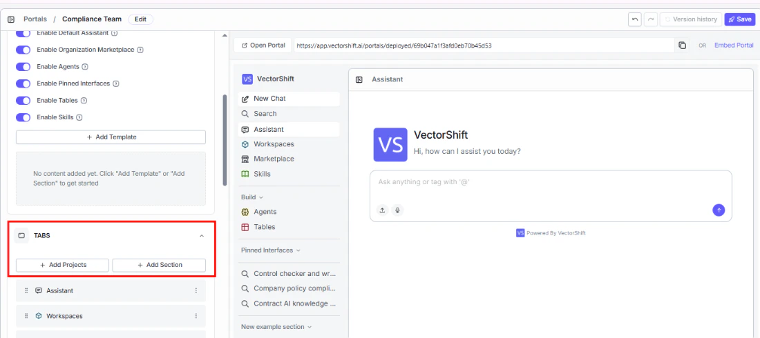Tabs configuration section