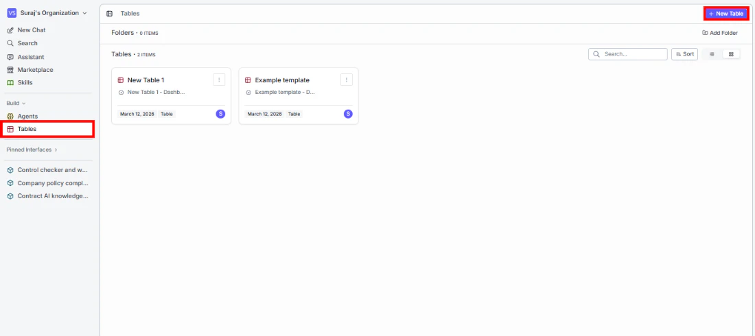 Creating a new table inside the portal