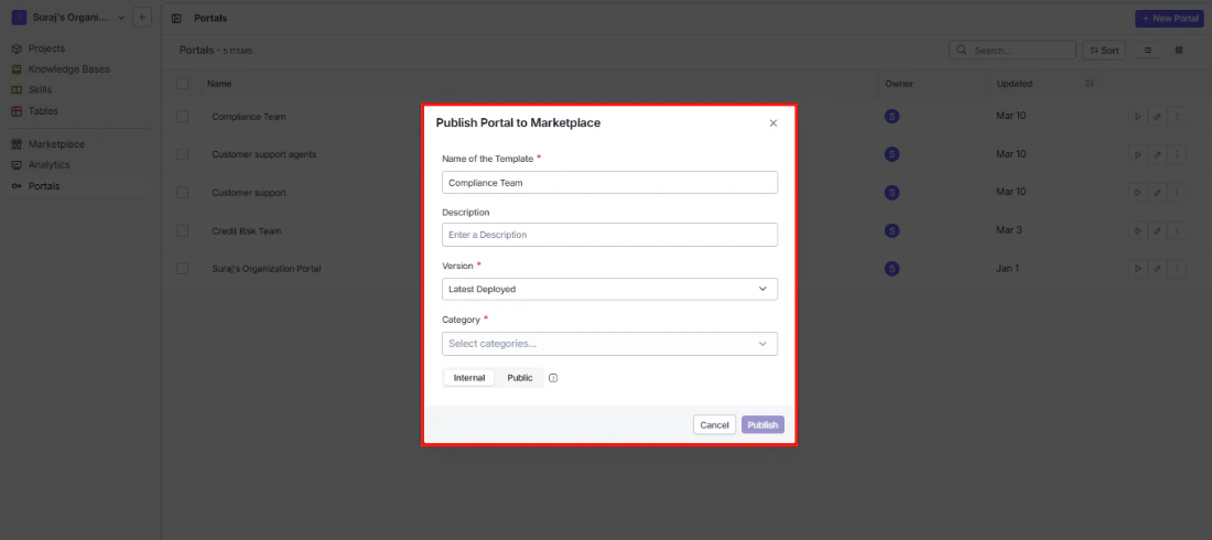Publish Portal to Marketplace modal