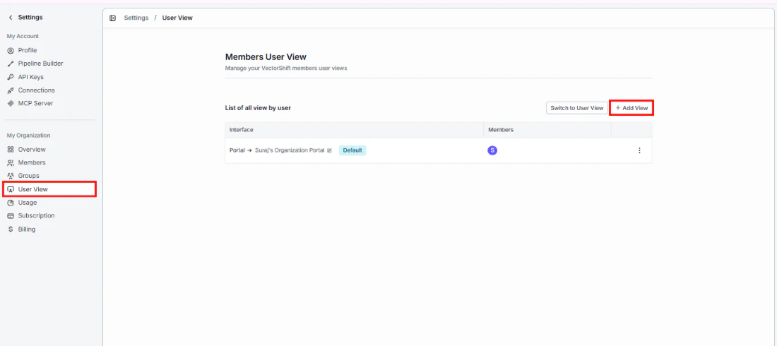 User View settings page