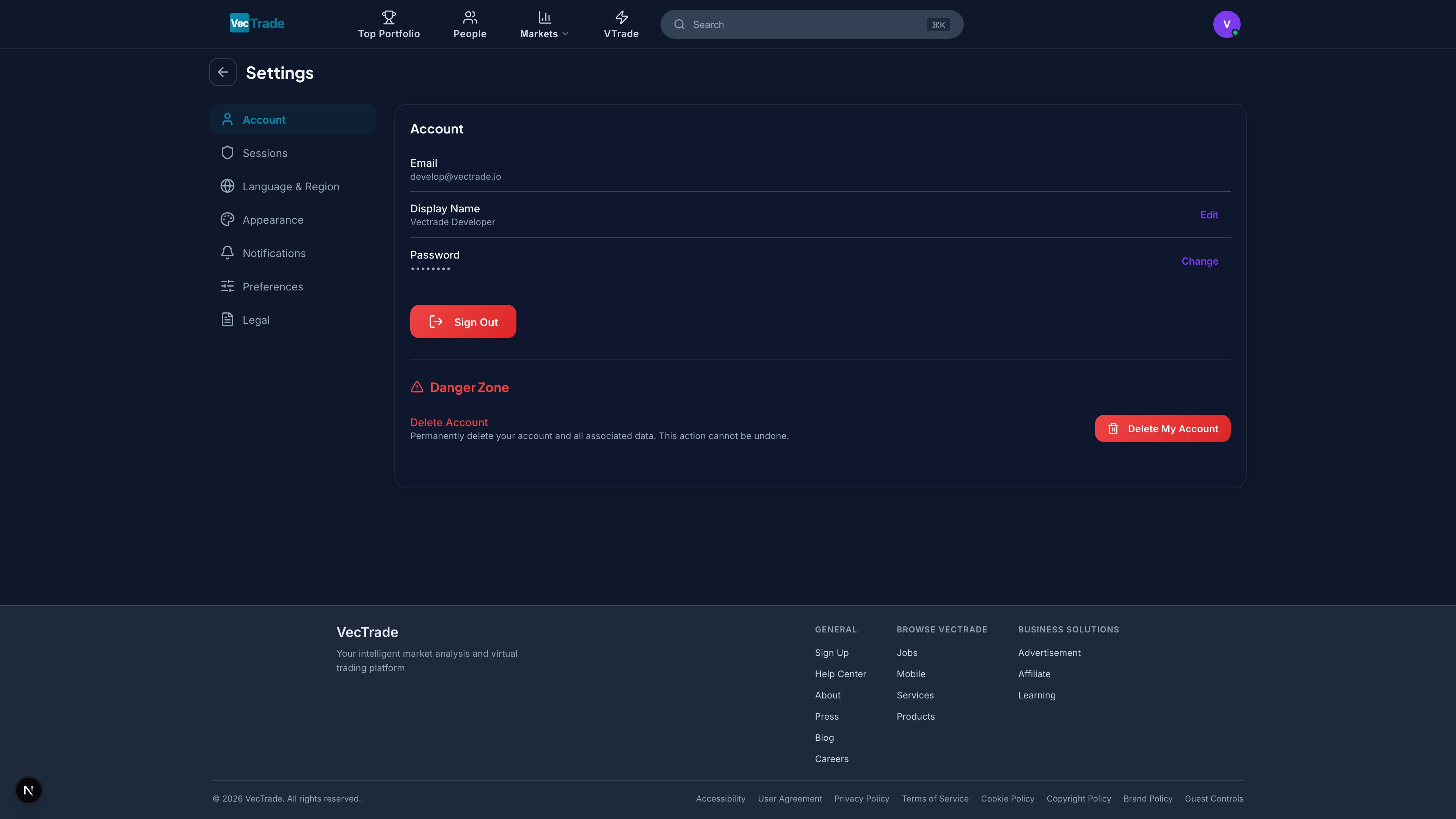 Account Settings — Personal information, credentials, and account lifecycle controls