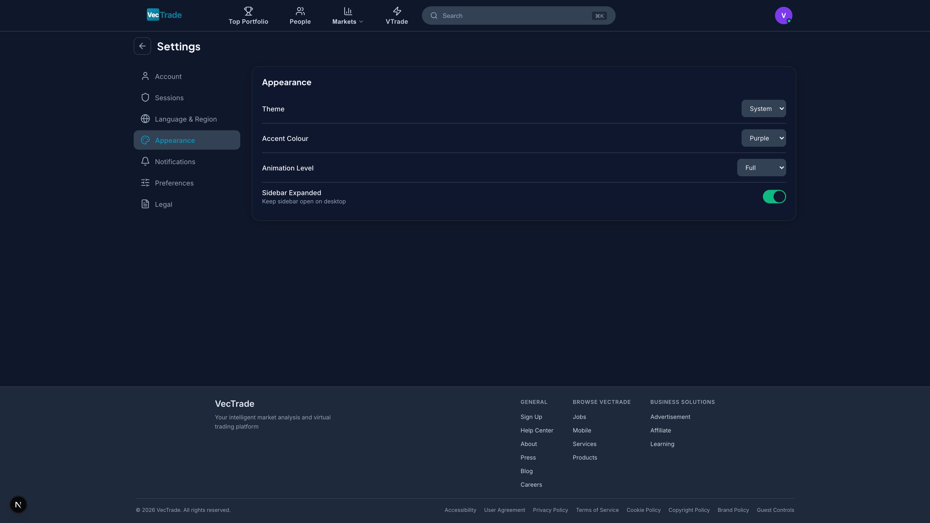 Appearance — Theme, accent color, and animation configuration