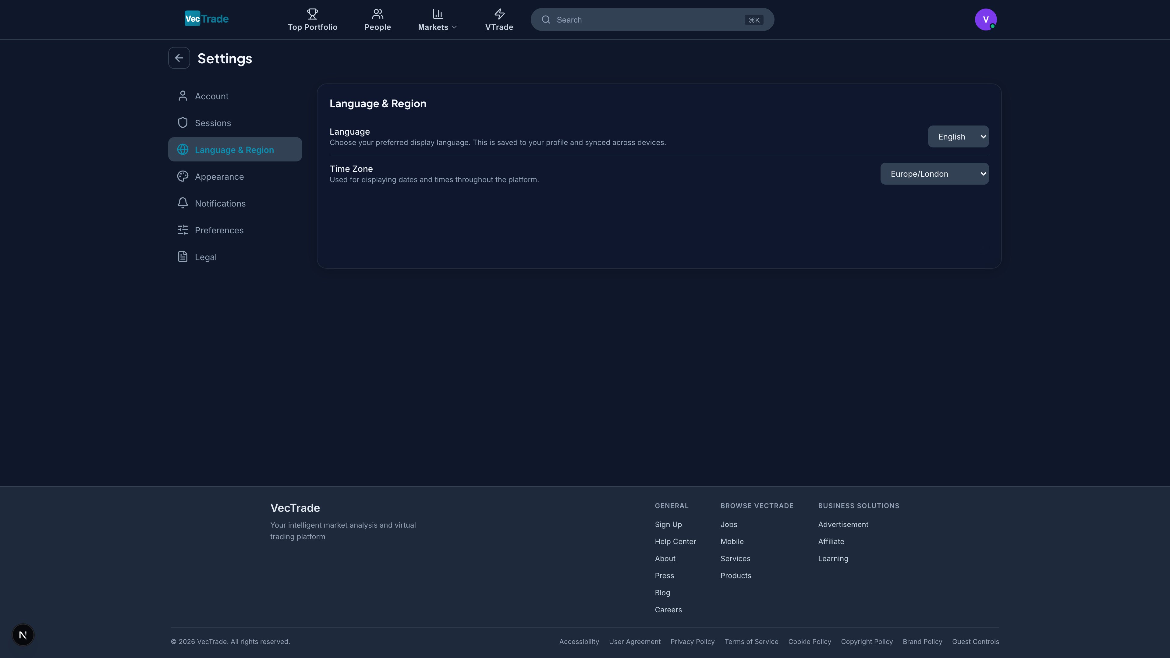 Language & Region — Locale configuration with language selection and timezone