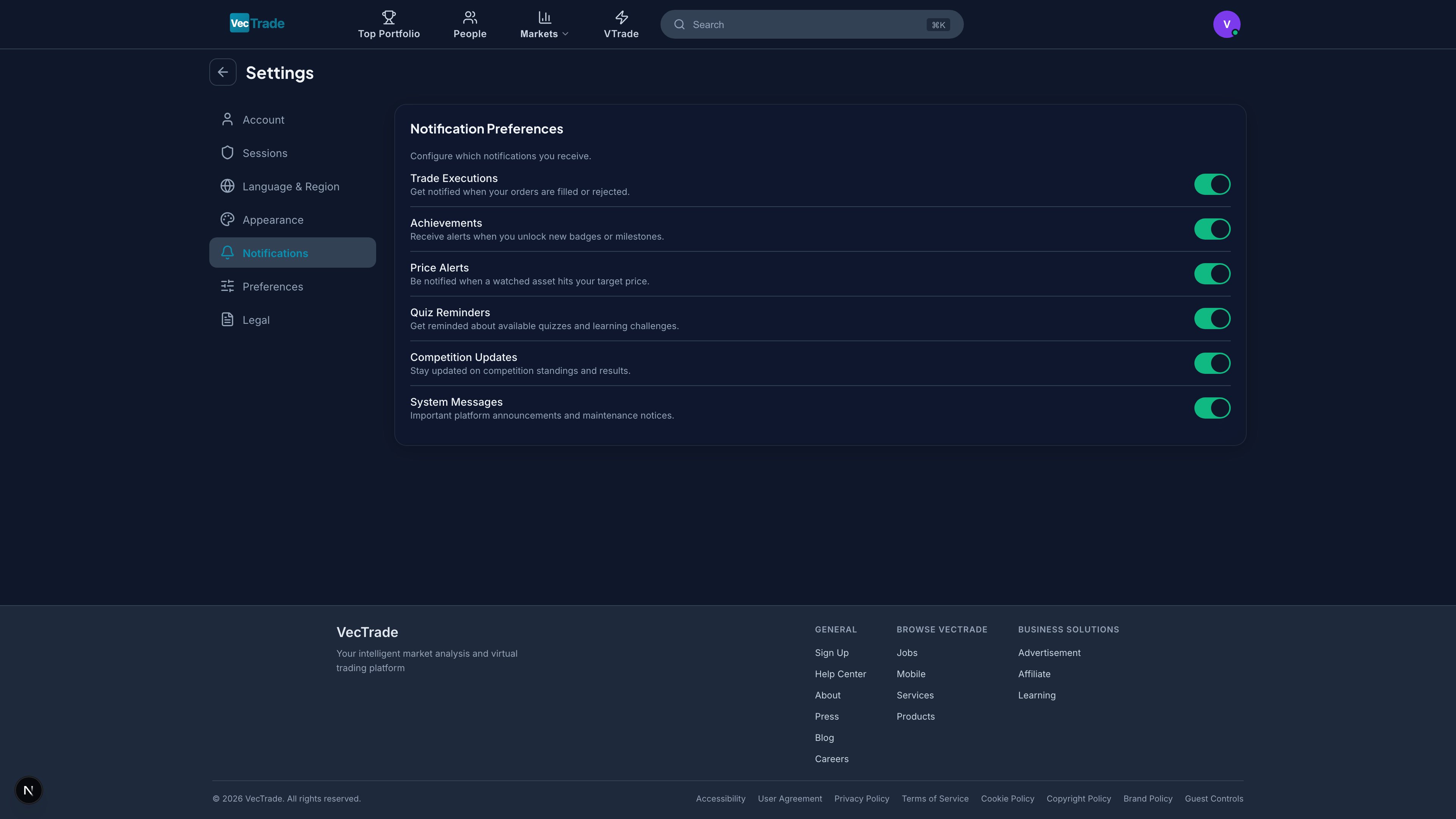Notifications — Per-category toggle controls