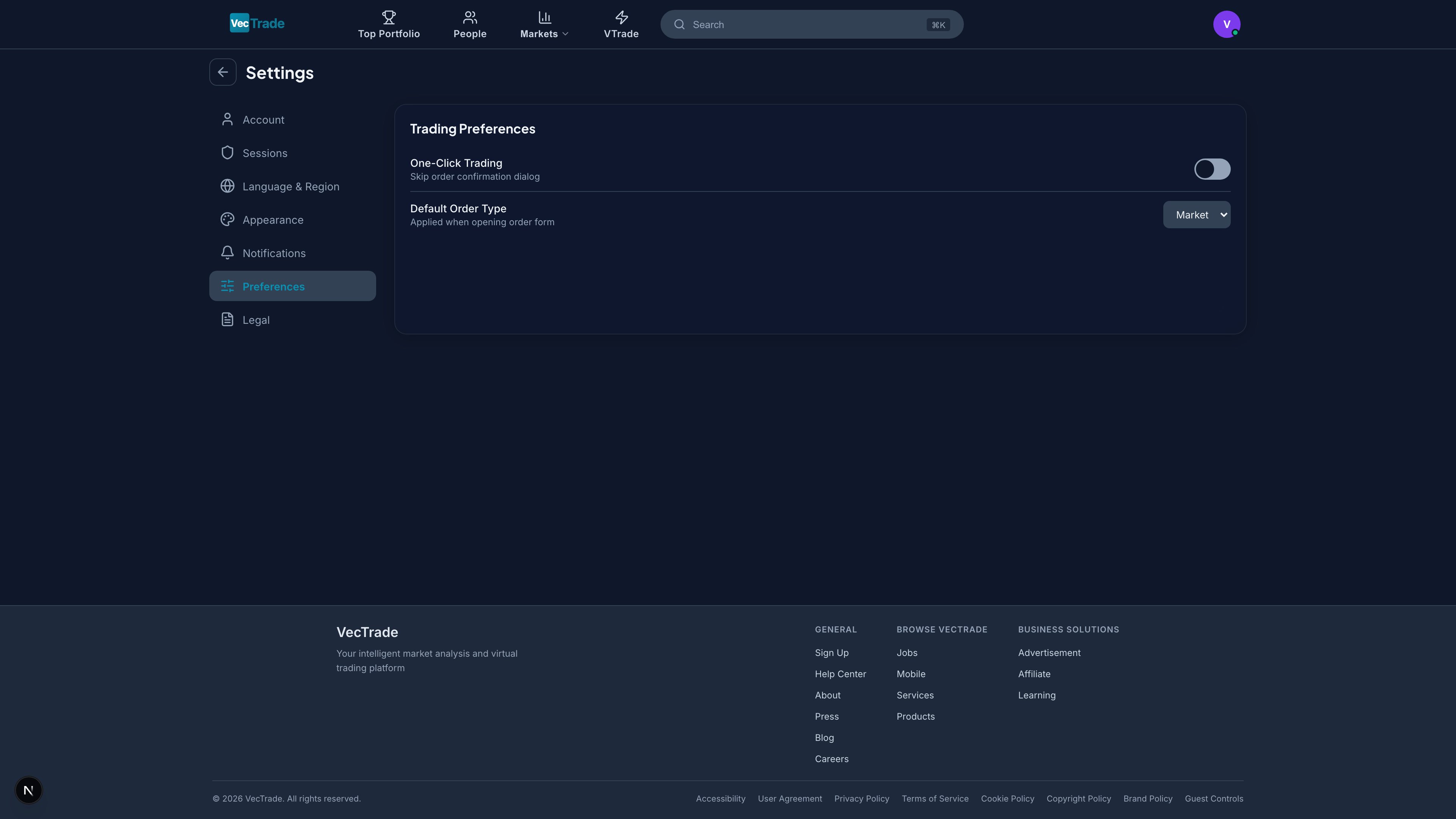 Preferences — Trading behavior defaults