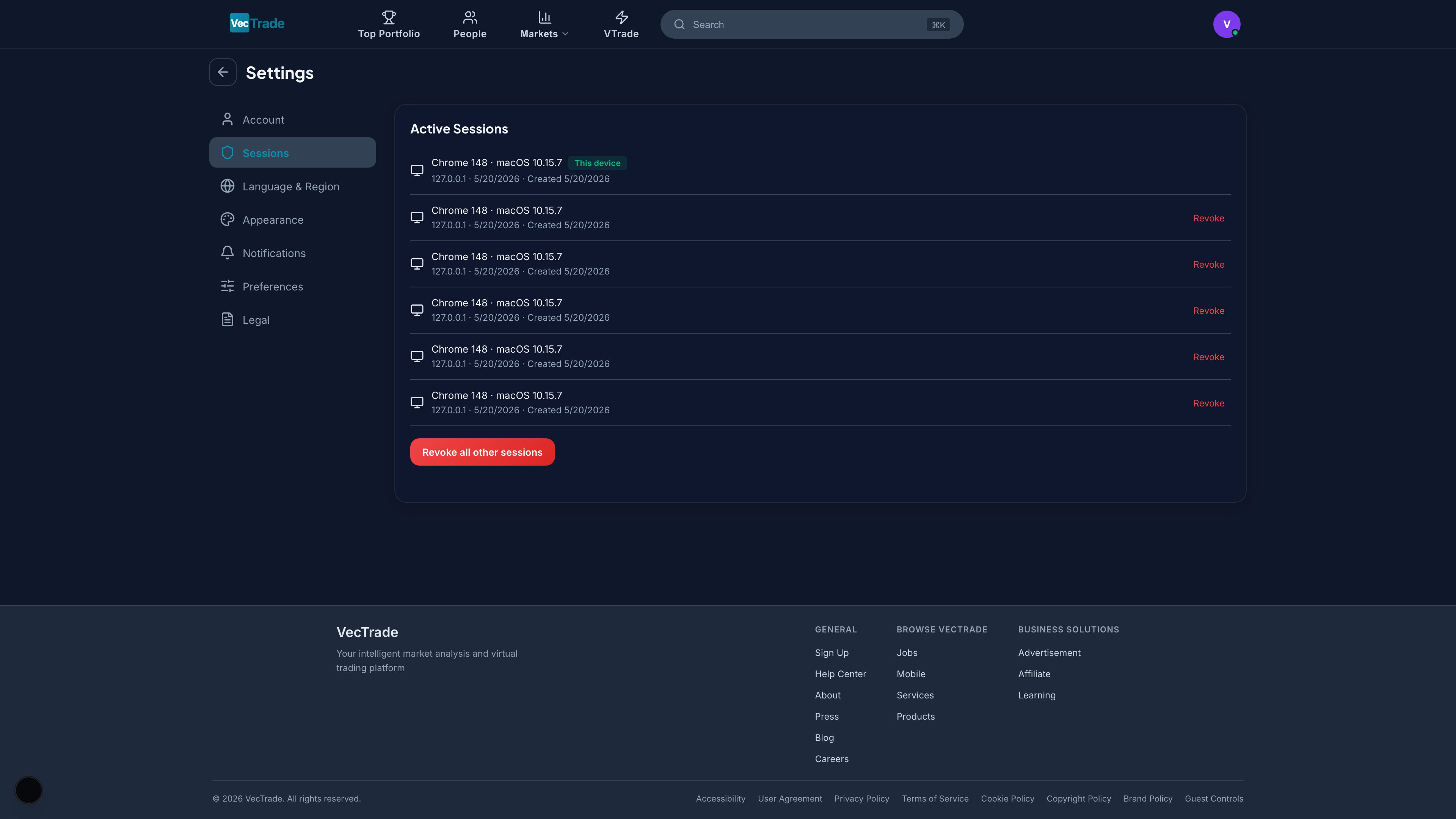 Active Sessions — Device list with location, browser info, timestamps, and revocation controls