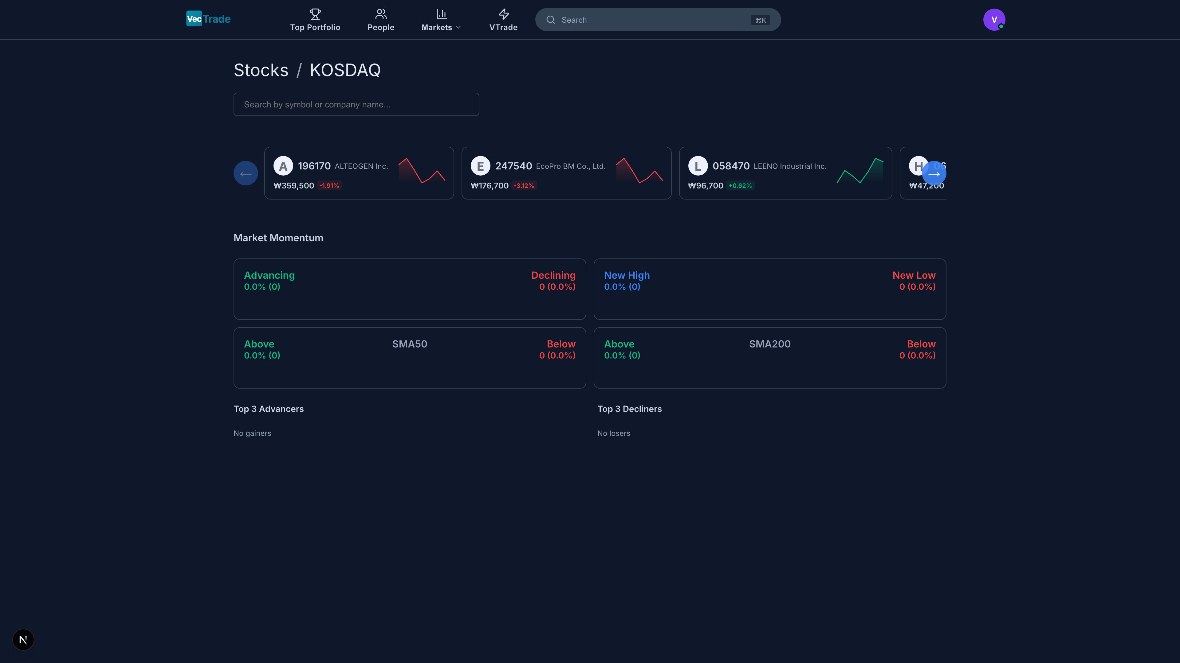 KOSDAQ-listed equities with sortable market data columns