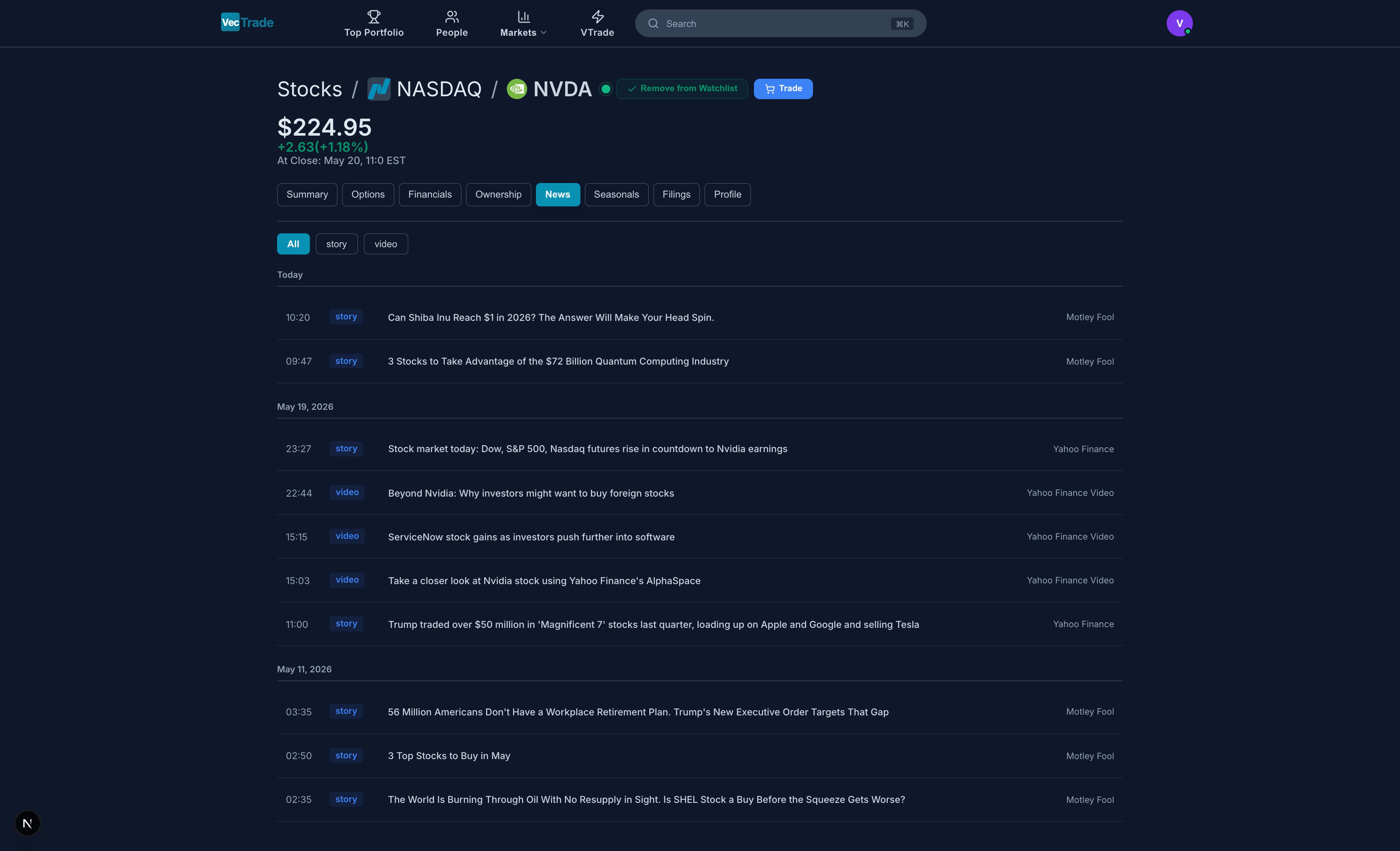 News Tab — Company-specific headlines with AI sentiment analysis