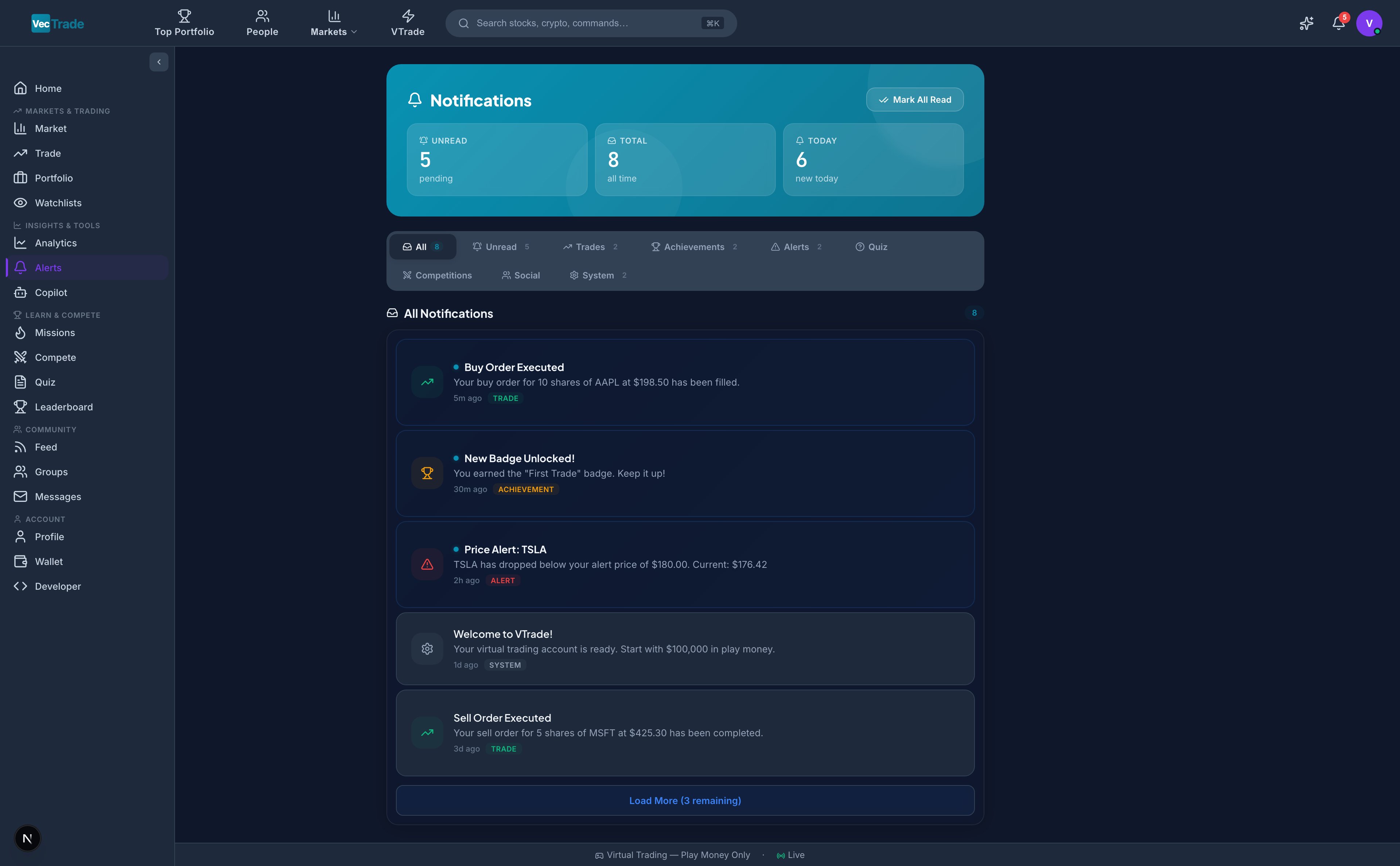 Notifications — Categorized alerts with filtering and batch management