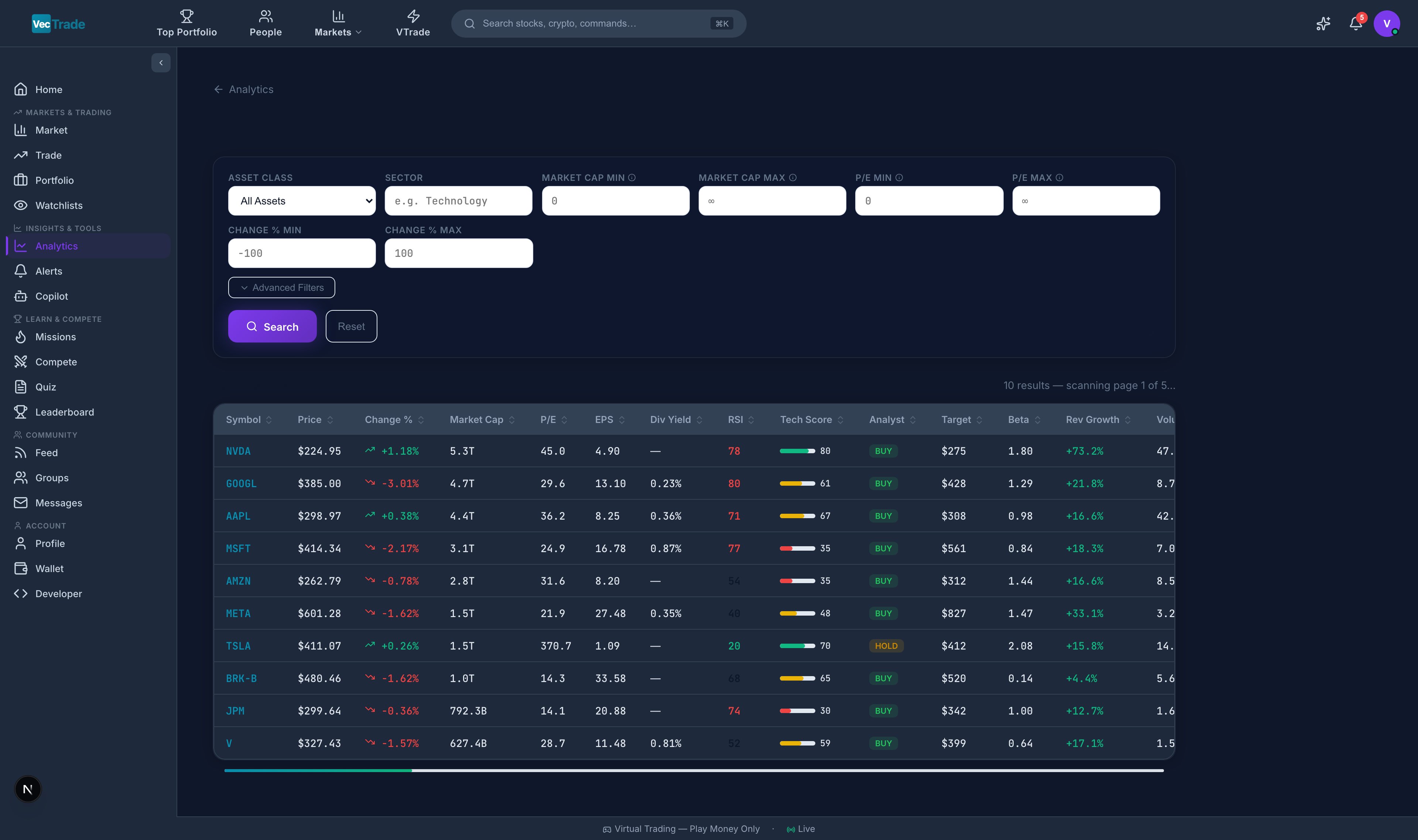 Stock Screener — Multi-criteria filtering with sortable results