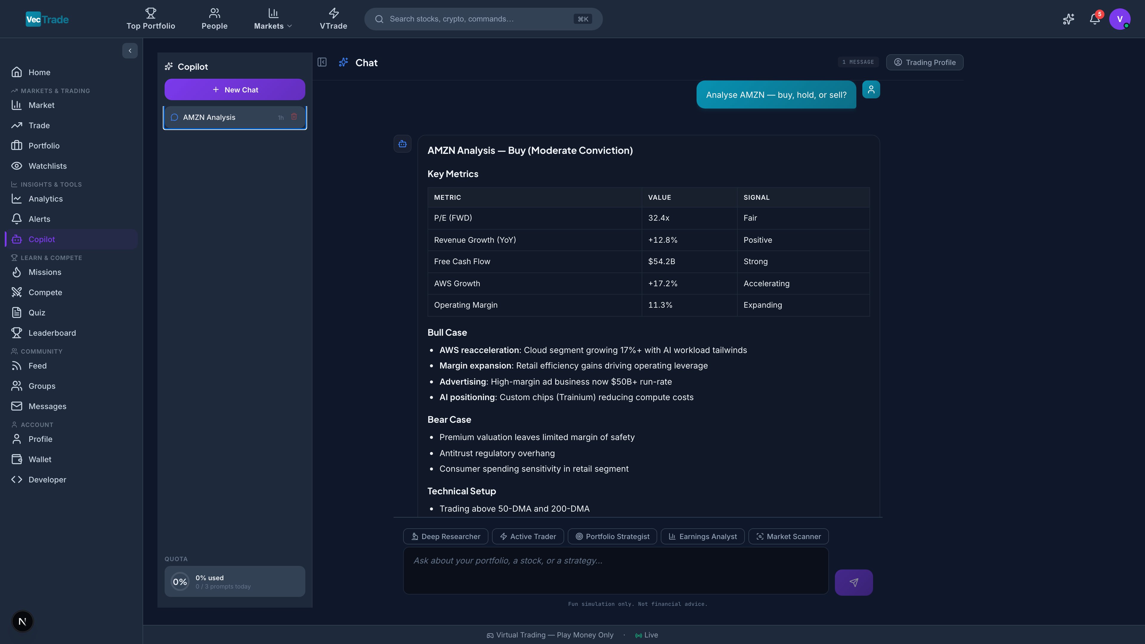 Copilot Chat — Active conversation showing tool execution, market analysis, and trade recommendation