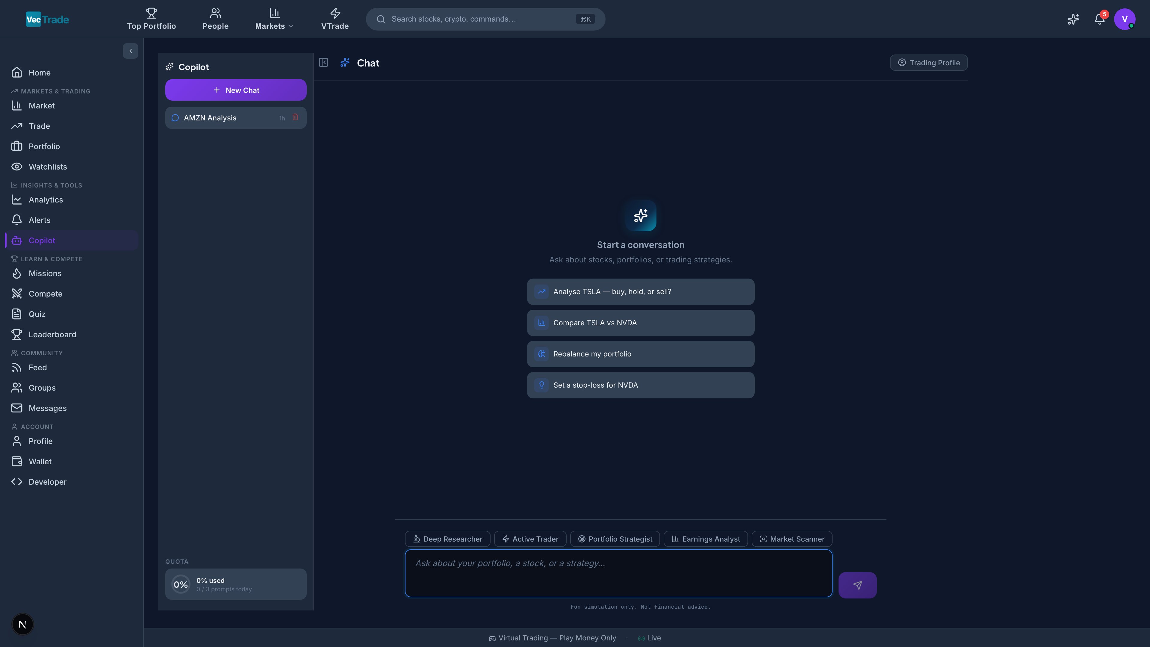 New Copilot Session — Fresh conversation with mode selector and prompt suggestions