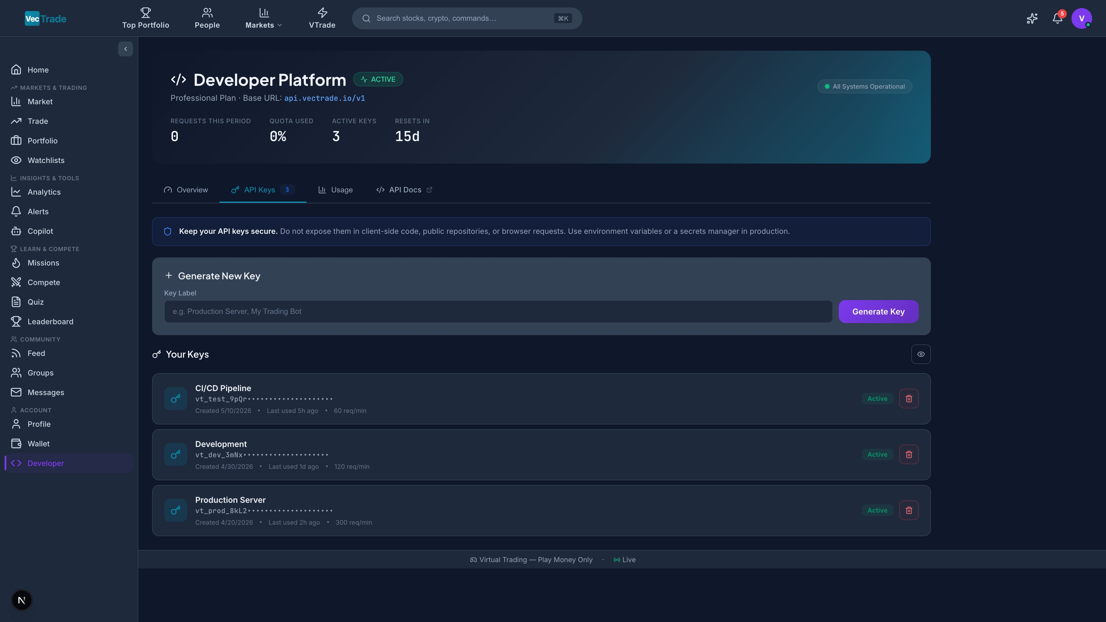 API Keys — Key listing with creation, masking, last-used timestamps, and revocation controls