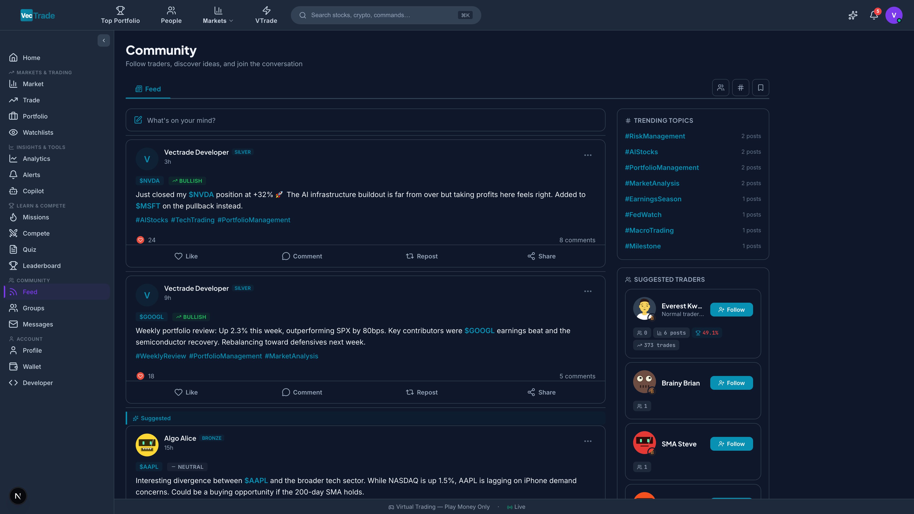 Social Feed — Algorithmic and chronological content streams with rich interaction capabilities