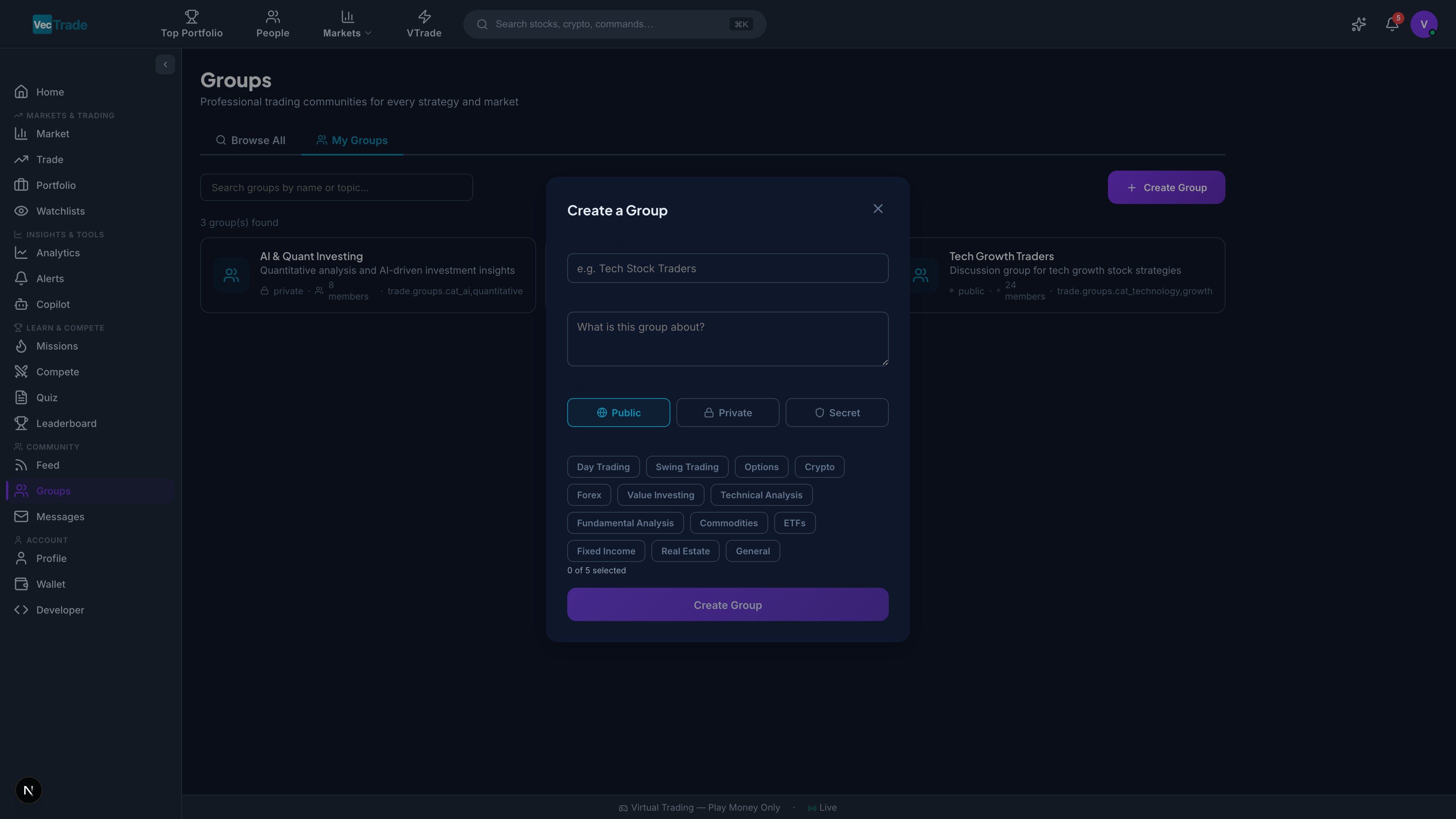 Create Group — Configuration form with type, category, rules, and cover image