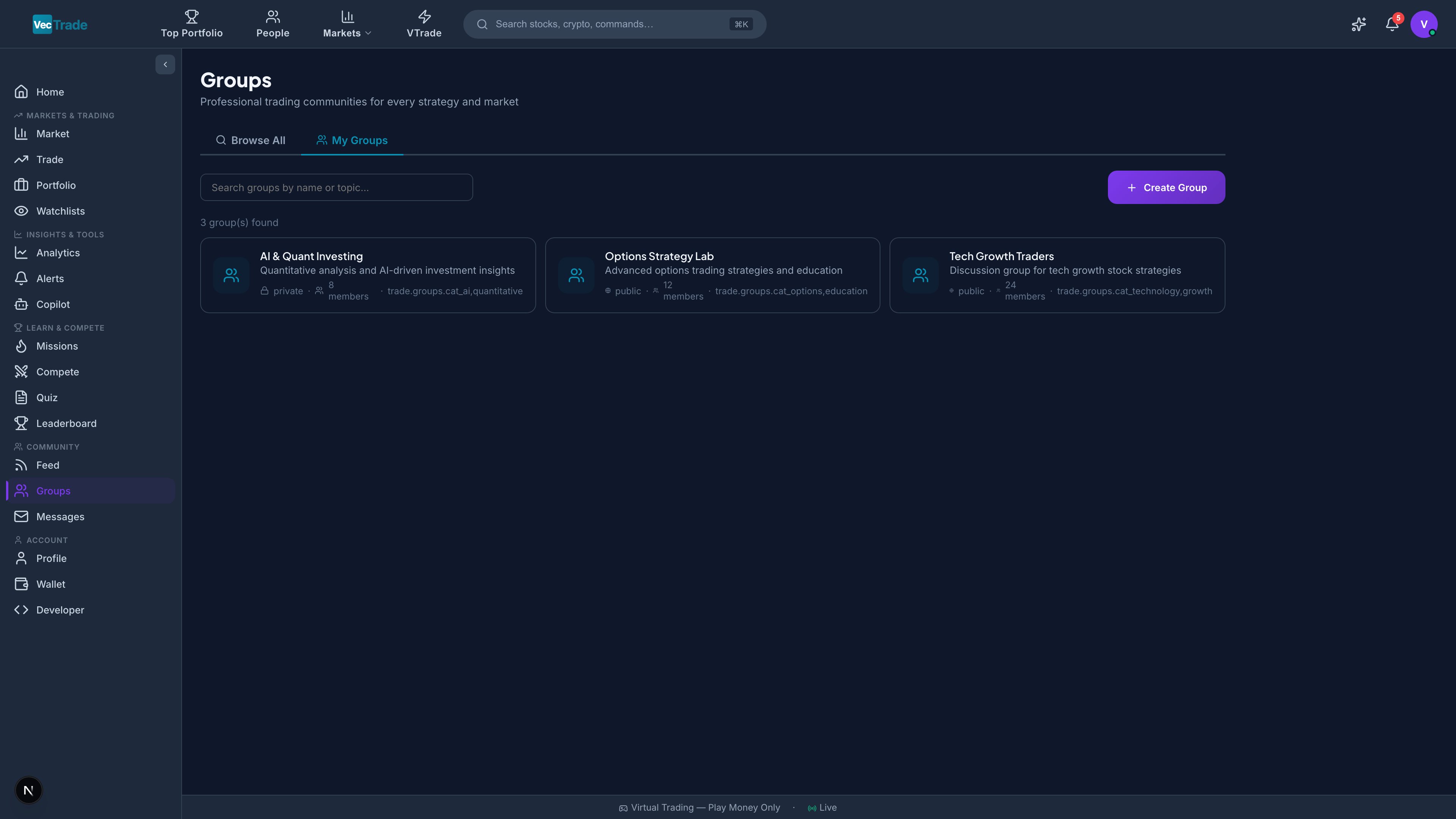 My Groups — Joined groups with unread indicators and quick access