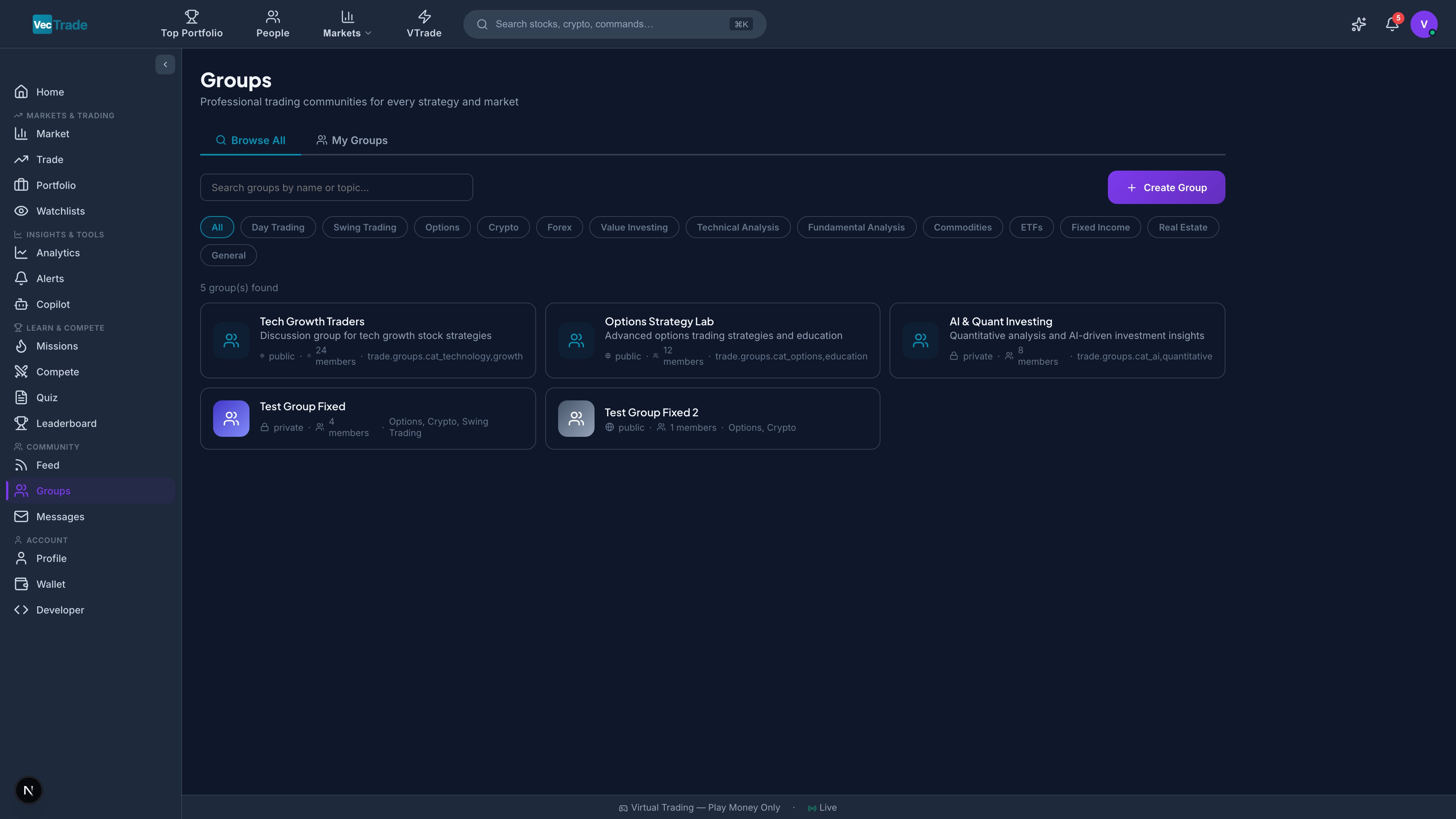 Groups — Community browsing with category filters and group cards