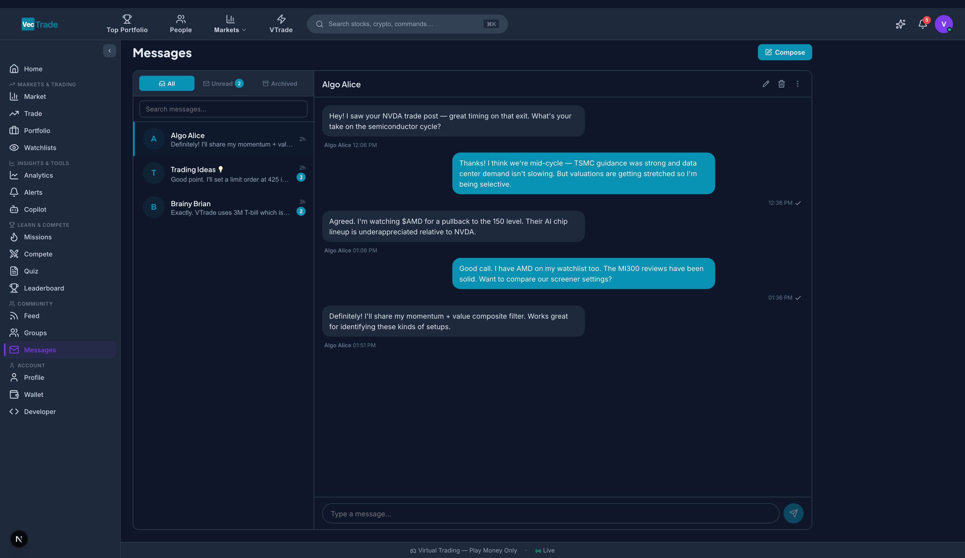 Messages — Direct messaging interface with conversation threads and composition