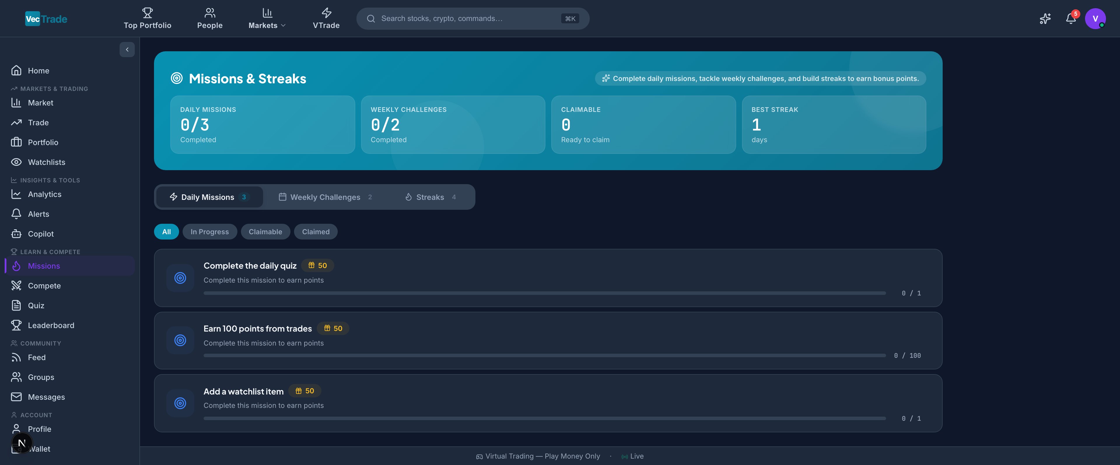 Daily and Weekly Missions — Progress bars, XP rewards, and completion status