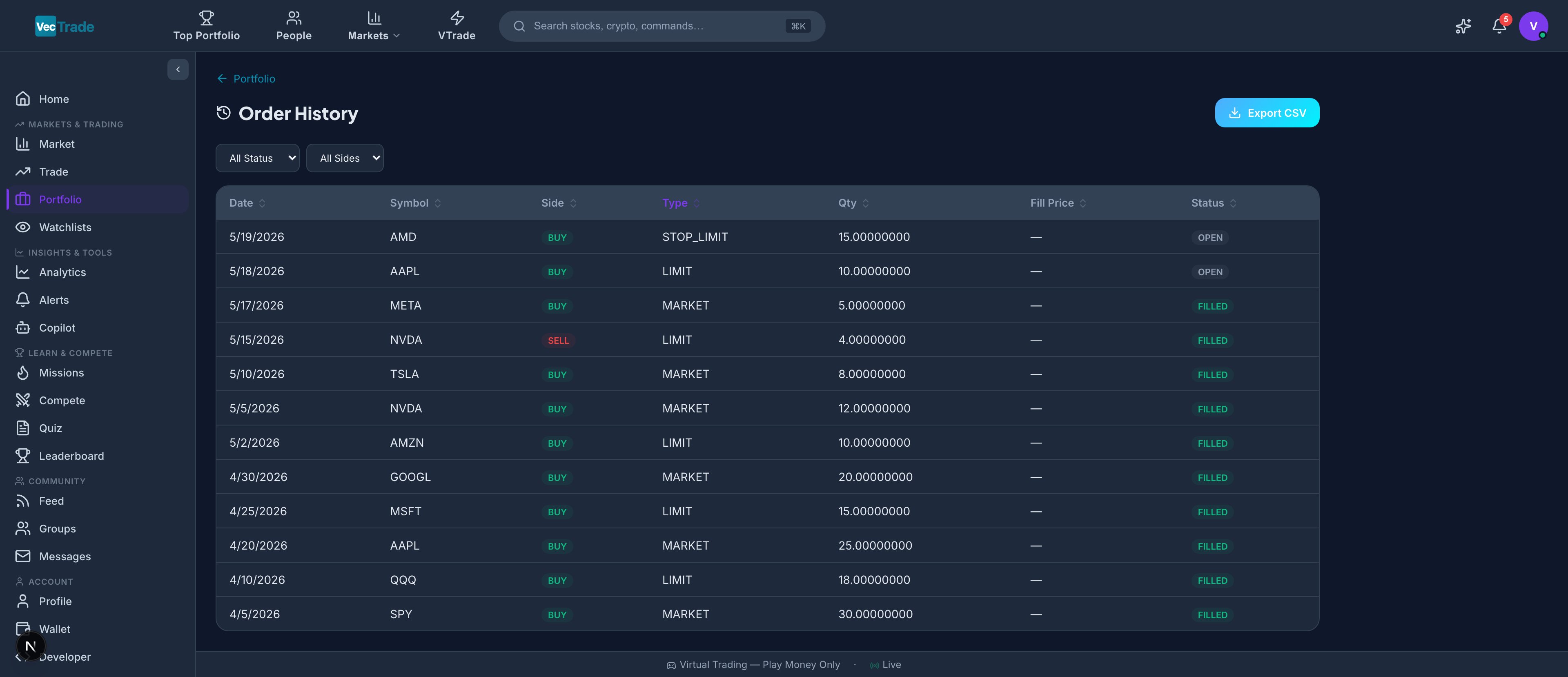 Trade History — Chronological record of all executed orders with comprehensive filtering