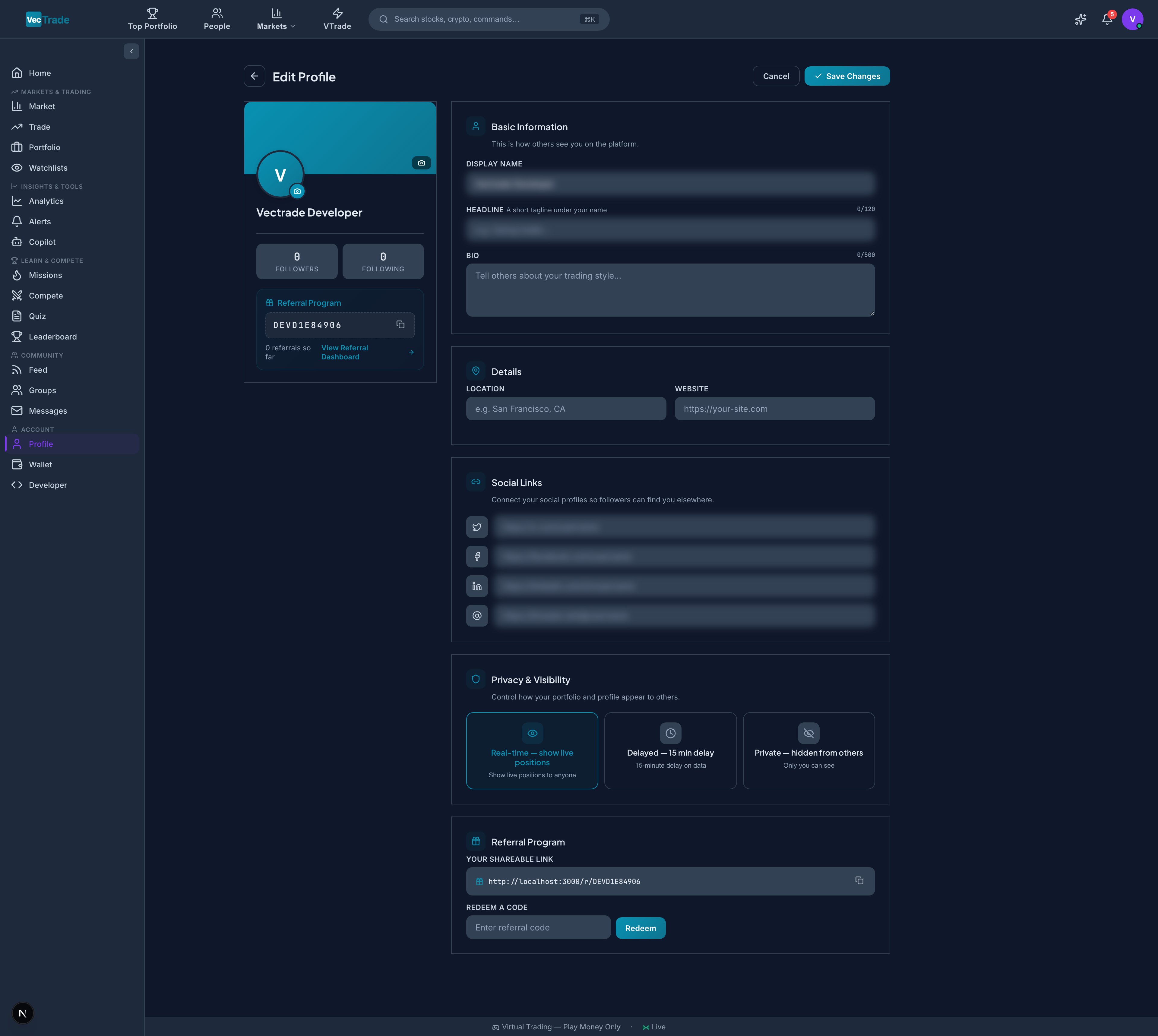 Profile — Public trader identity with badges, performance stats, and customization options