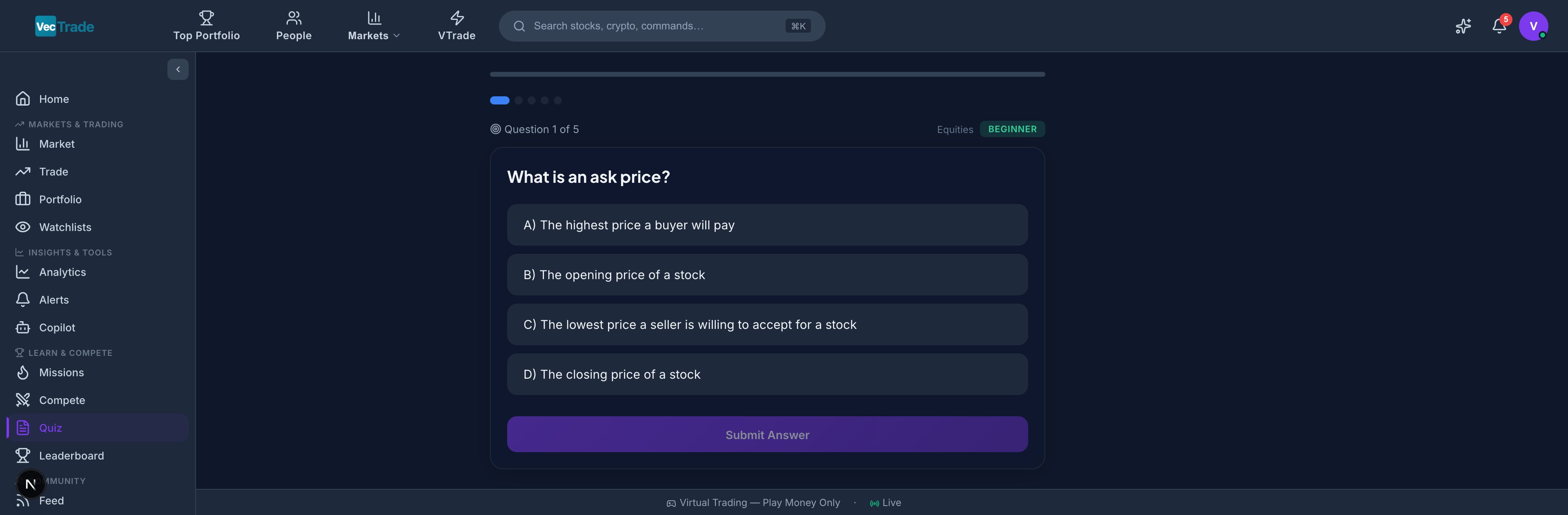 Daily Quiz — Multiple-choice financial knowledge assessment