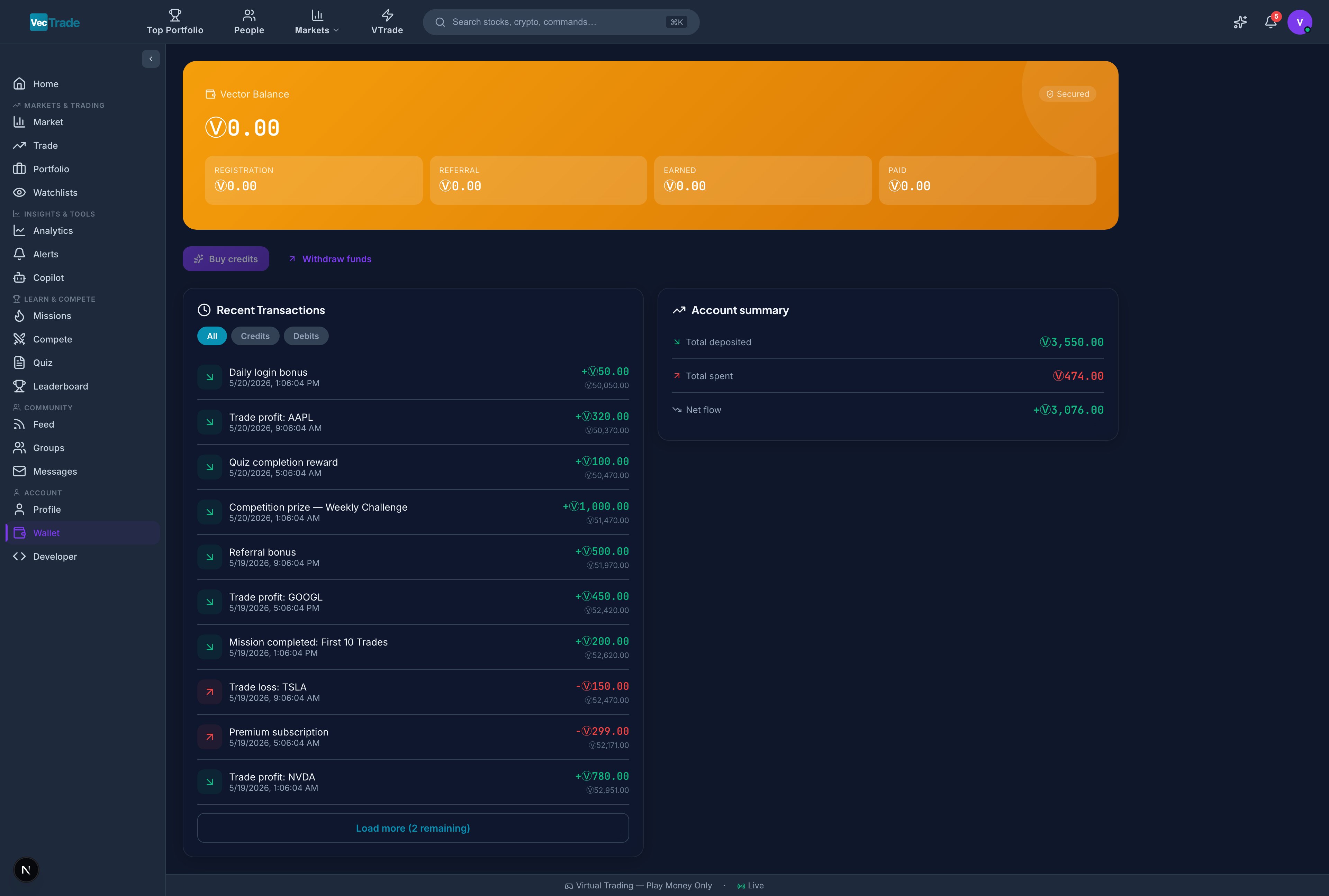 Wallet — VCR balance card, transaction log, and account summary breakdown