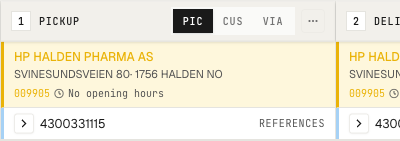 Shipment stop with base, Customs, and Via tabs