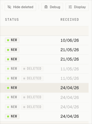 Order overview with deleted orders displayed and marked as deleted.