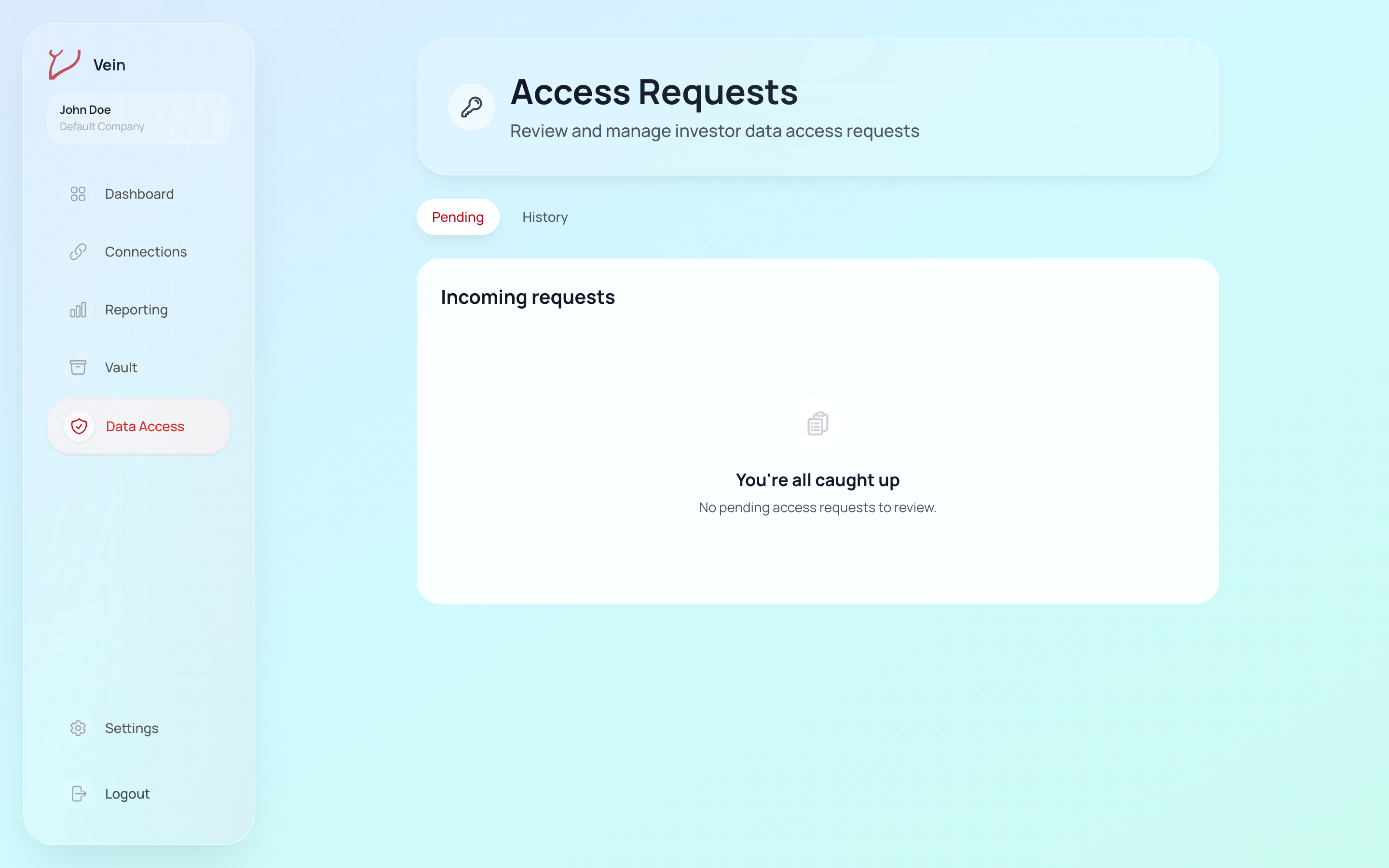 The Vein Data Access page, listing investor requests for ongoing data access