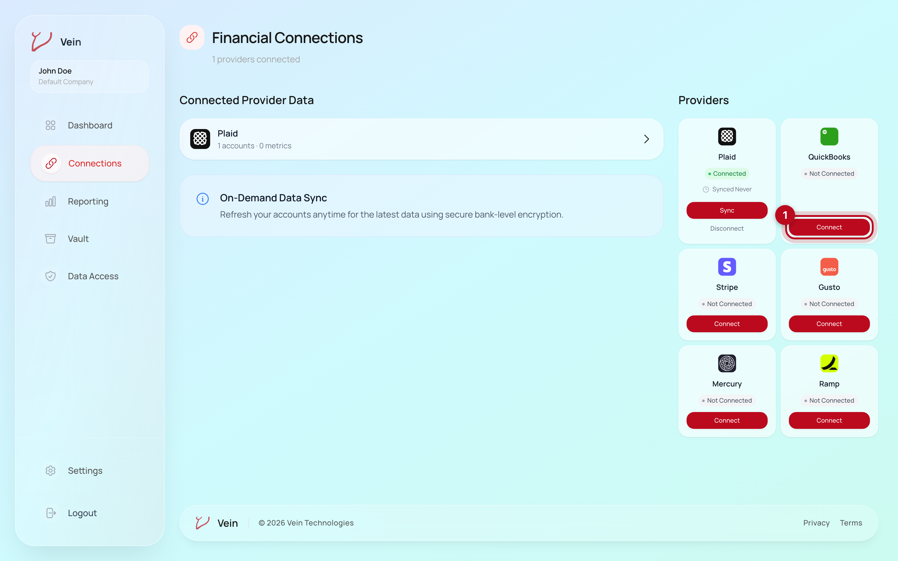 The Vein Connections page with the QuickBooks Connect button highlighted