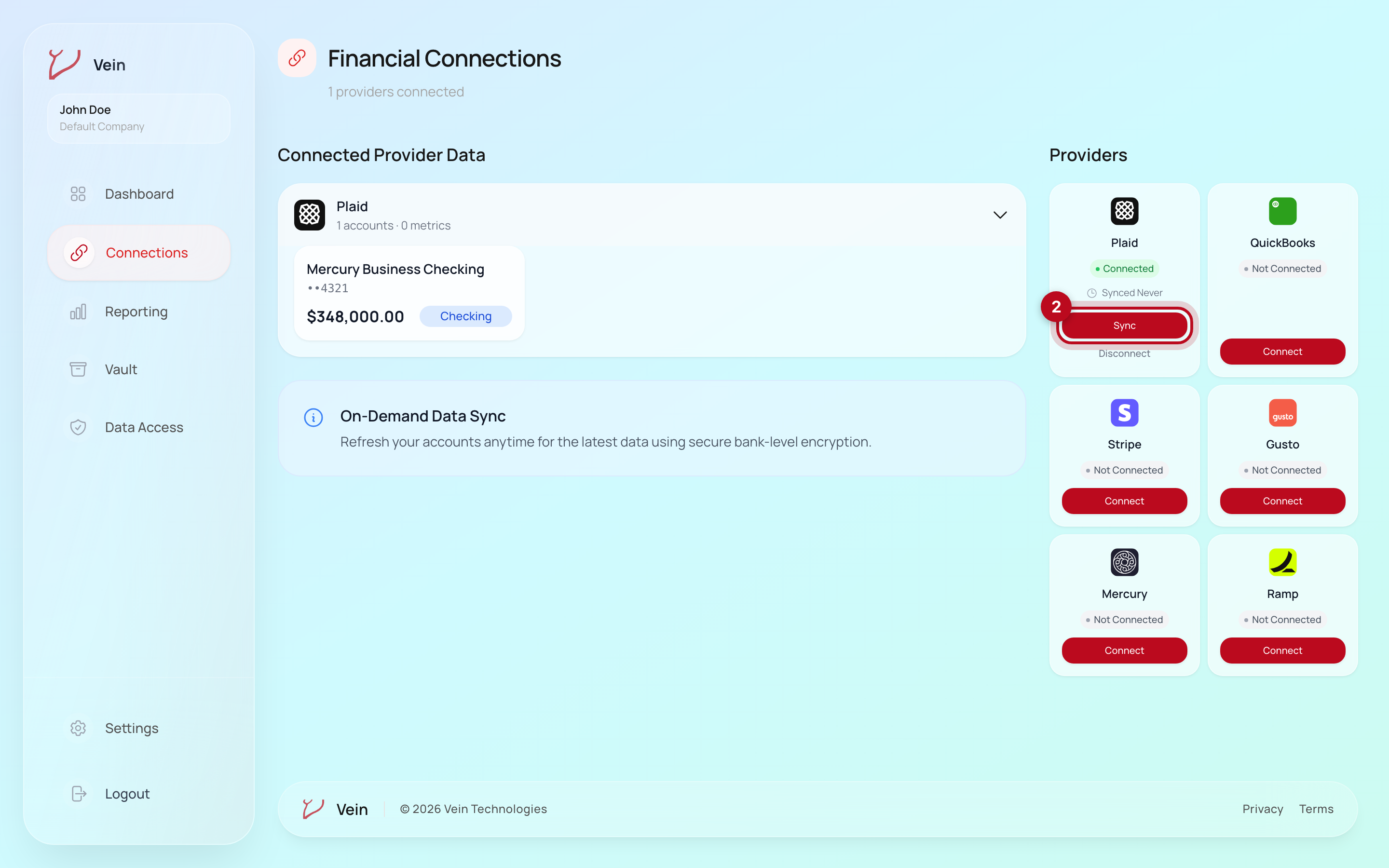 The Connections page after connecting, with the provider's Sync button highlighted