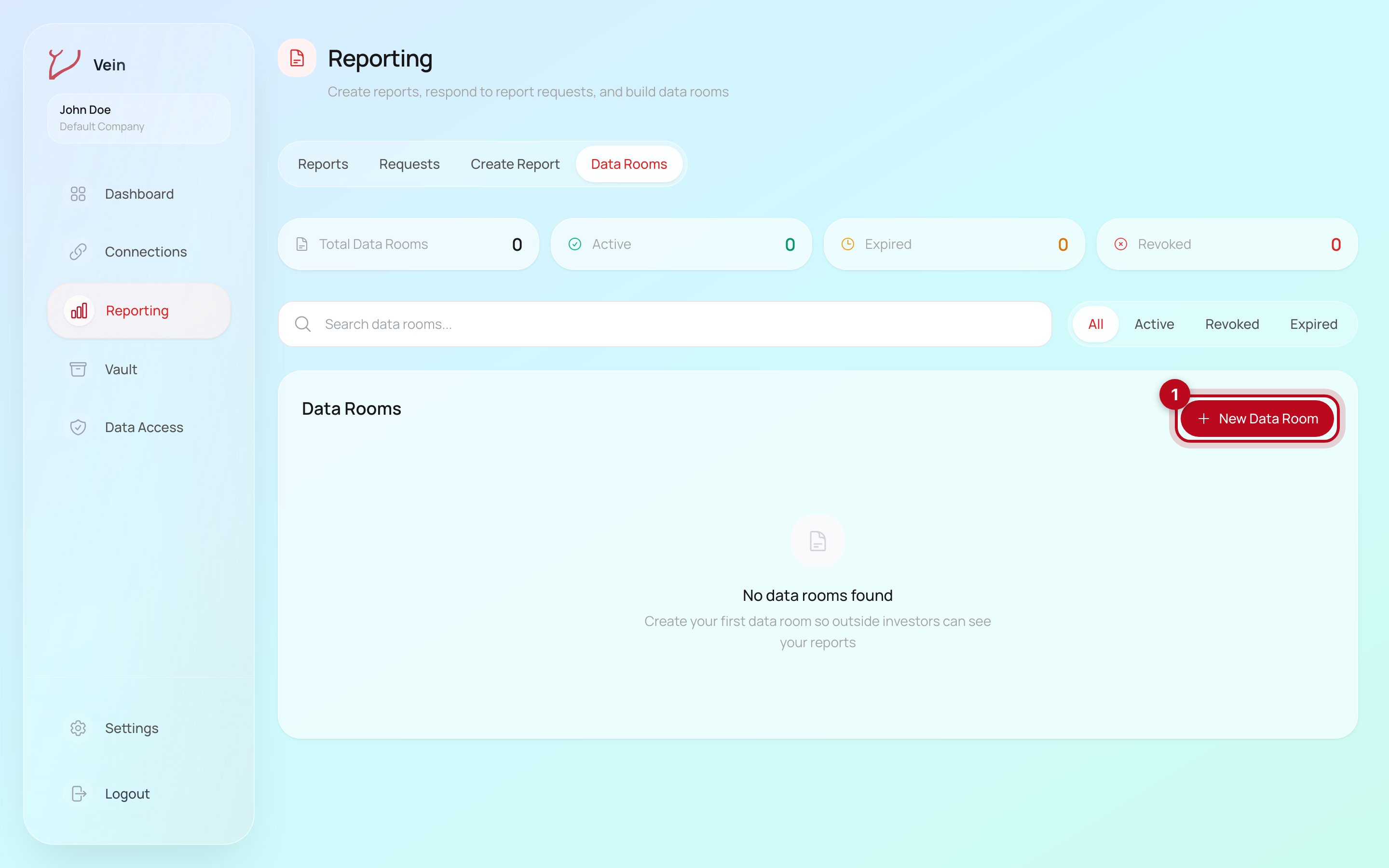 The Vein Reporting page on the Data Rooms tab with the New Data Room button highlighted